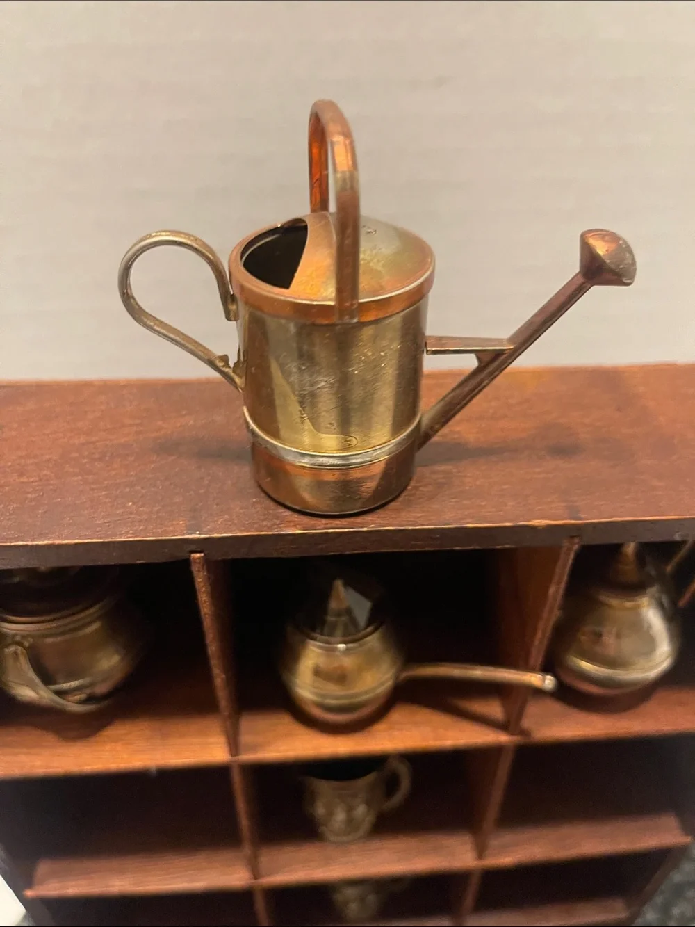 Brass Miniature Tea and Watering Can Set Gold and Brown w/wood shelf, vintage